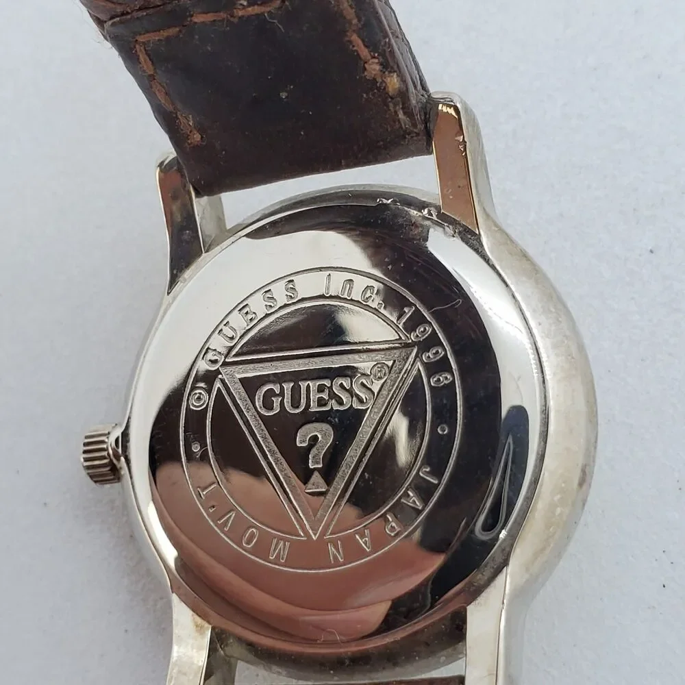 VTG Guess Women's Watch 27MM Roman Numerals Date Brown Leather Bands New Battery